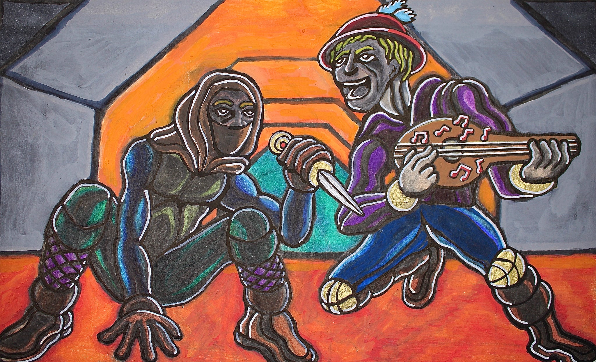 "Duo Dungeon Dance of the Bard and Assassin" Original Painting