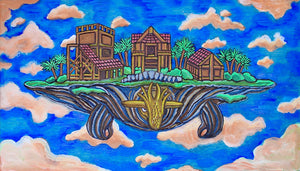 "Flying Cloud Paradise Oasisaur Sky Base" Original Painting