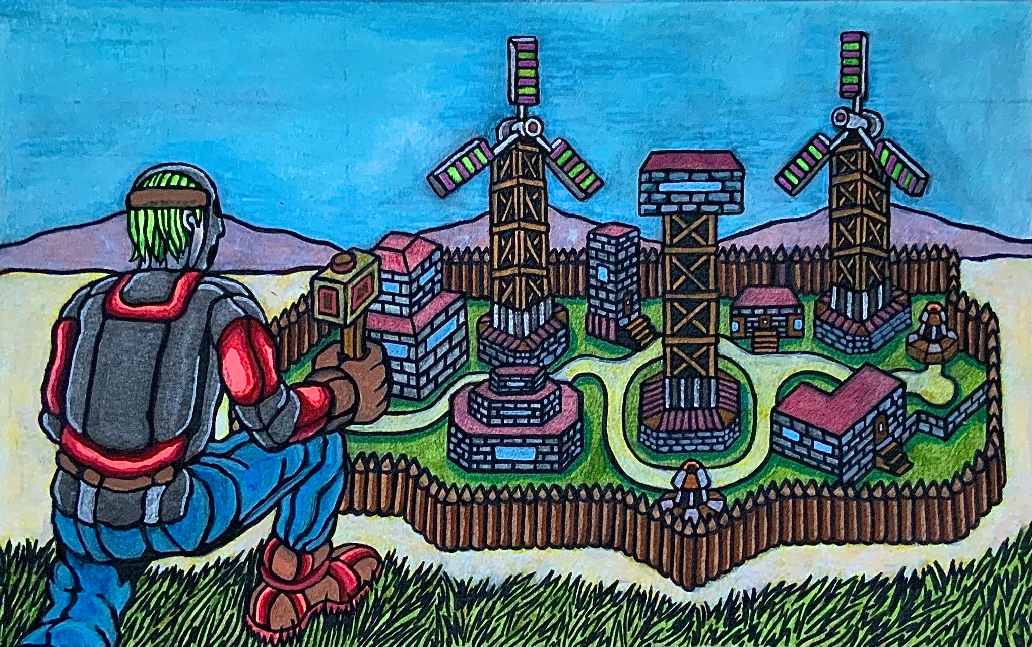 "Builder Surveys Windmill Compound: Rust" Original Painting