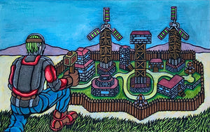 "Builder Surveys Windmill Compound: Rust" Original Painting