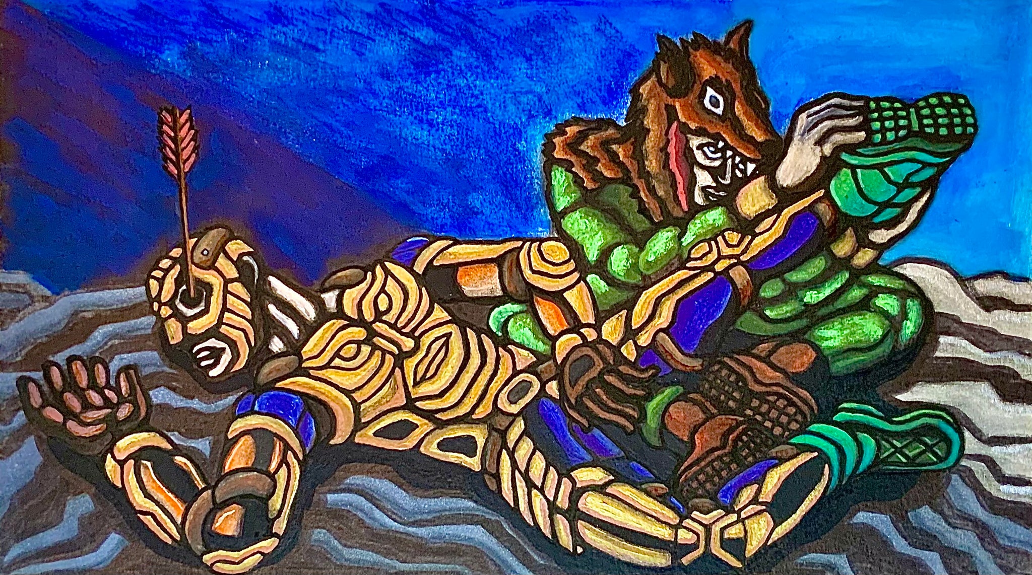 "Primitive Hunter Looting Prey" Original Painting