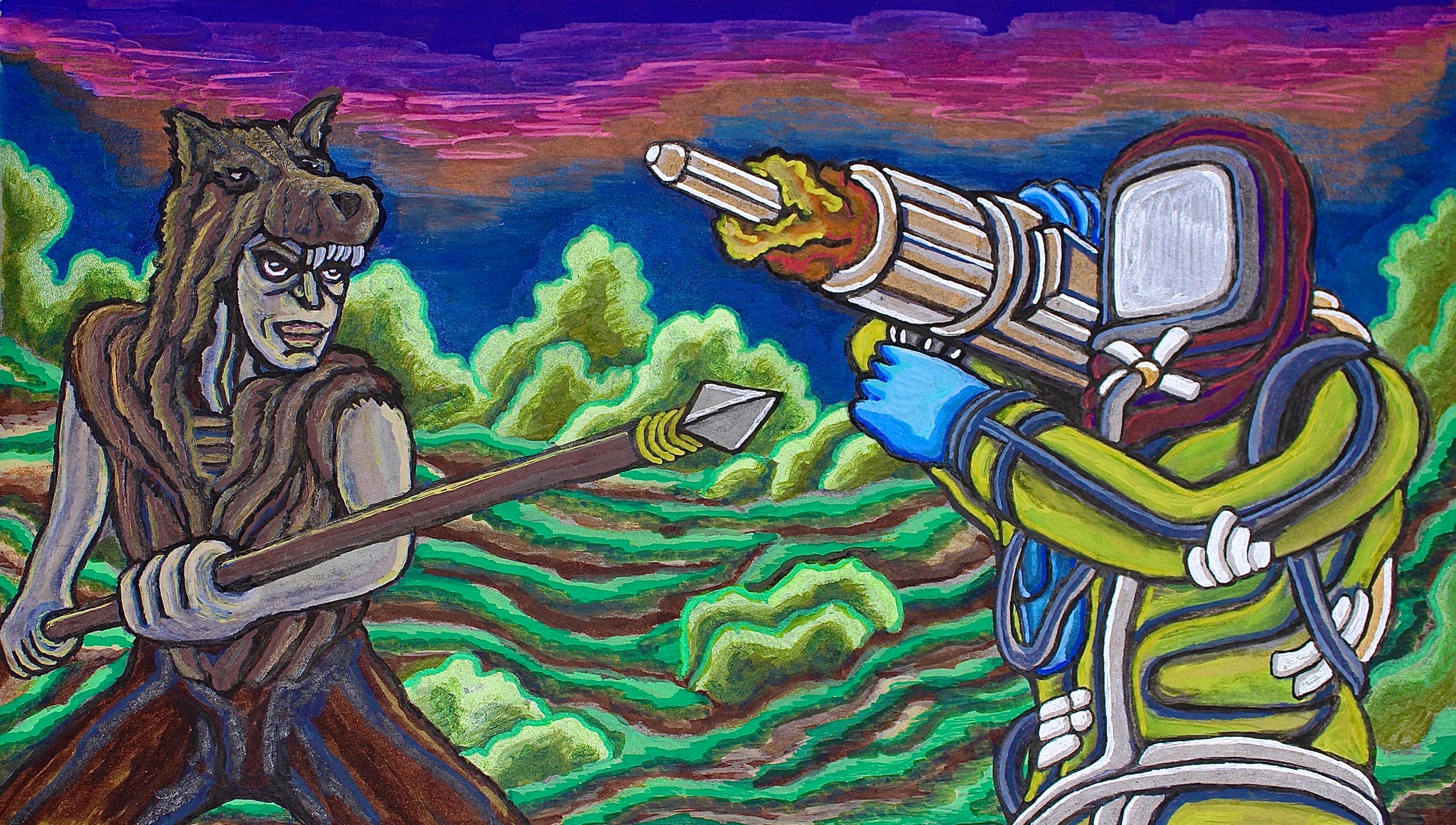 "Primative Spearman to Hazmat Bazooka: Rust" Original Painting